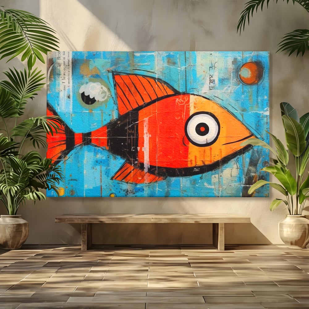 Tablou canvas cu tablou canvas cu peste stilizat in stil pop art, fara rama, pe sasiu de lemn